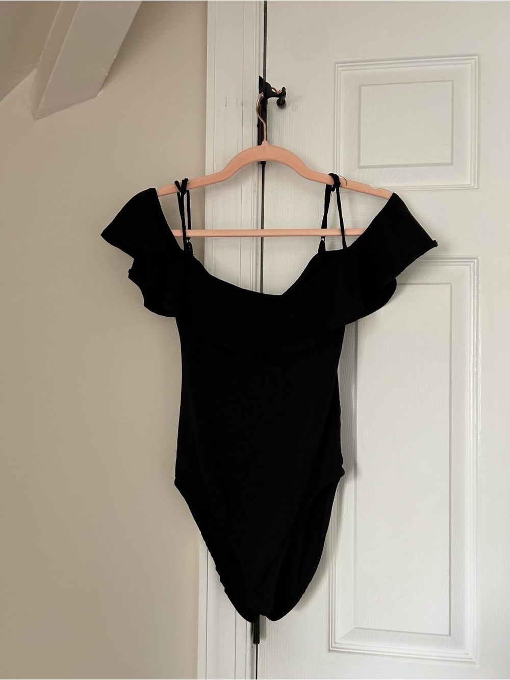 Stradivarius Black Ruffle Off Shoulder Bodysuit XS